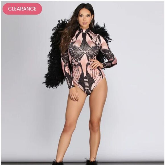 Windsor Tops - Butterfly Print Bodysuit - Black and Blue